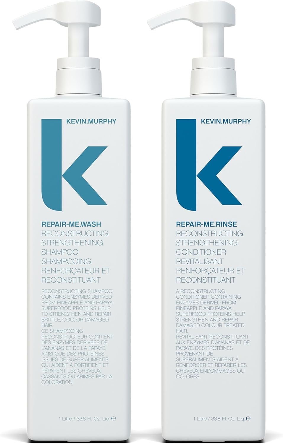 Two white Kevin Murphy Repair Me hair care bottles on a white background, showing Repair-Me Wash and Repair-Me Rinse with blue branding and text.