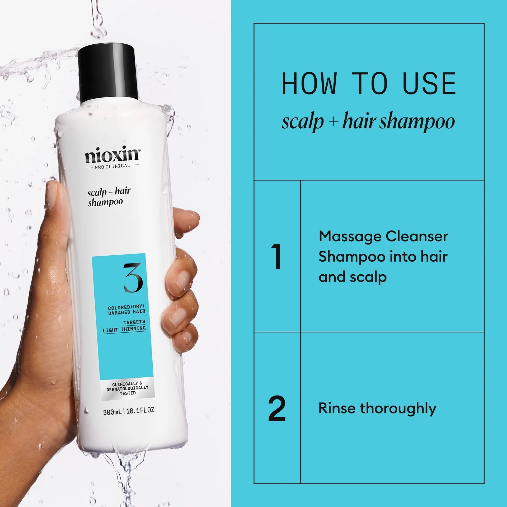 Nioxin shampoo bottle with usage instructions on a blue background Curious Salons 