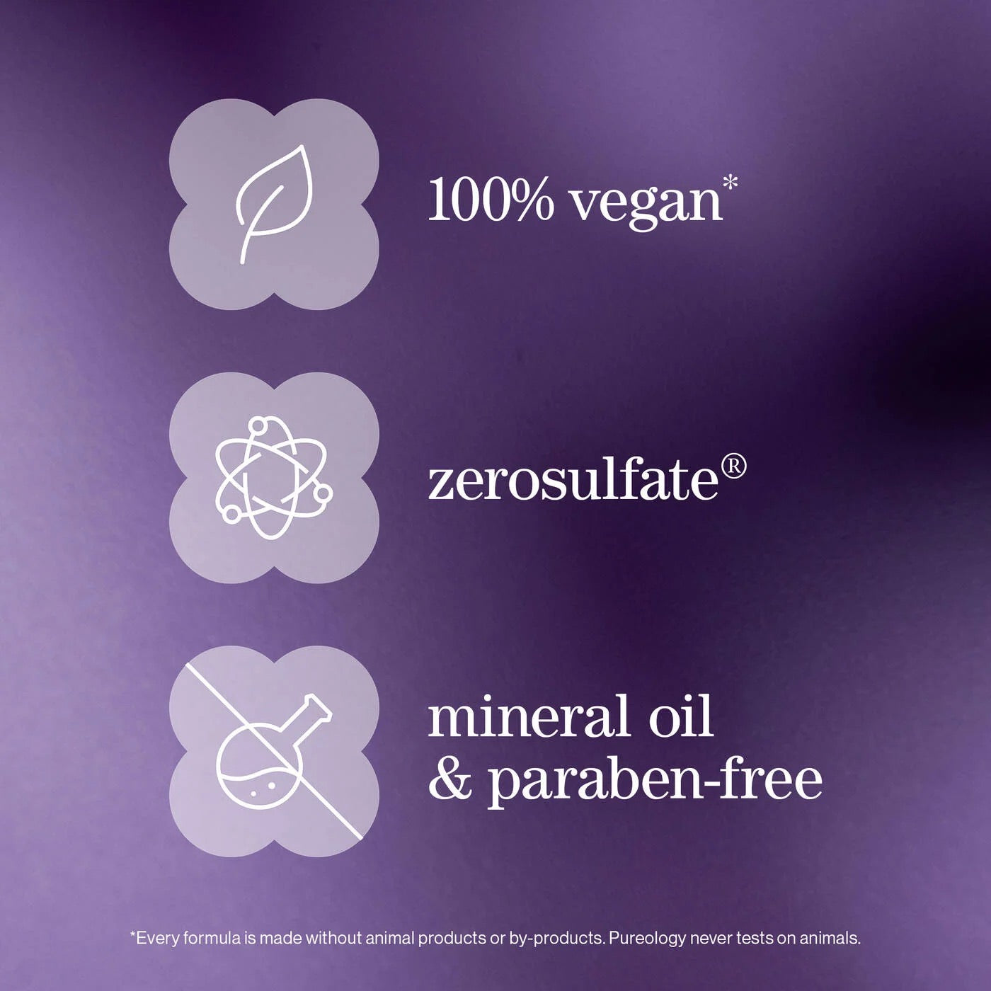 Purple background with white icons and text indicating vegan, zero sulfate, mineral oil, and paraben-free products.