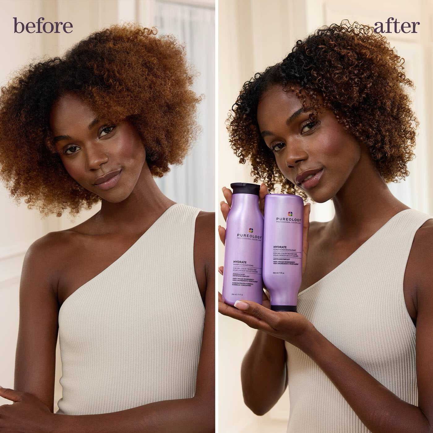 Before and after comparison of a woman with curly hair, holding hair care products.