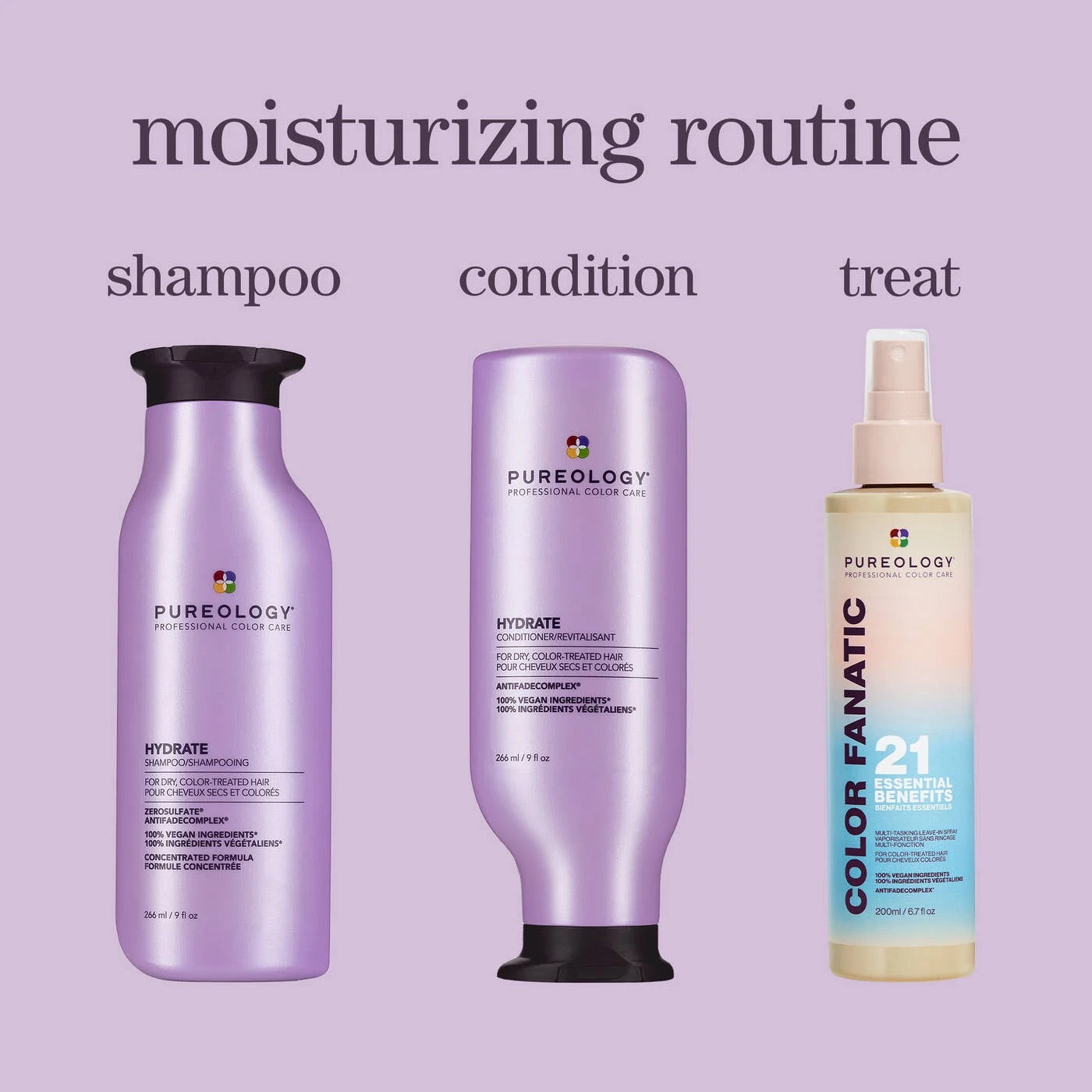Three Pureology hair care products oPureology Hydrate Shampoo bottle for dry colour-treated hair and sulfate-free moisturizing haircare