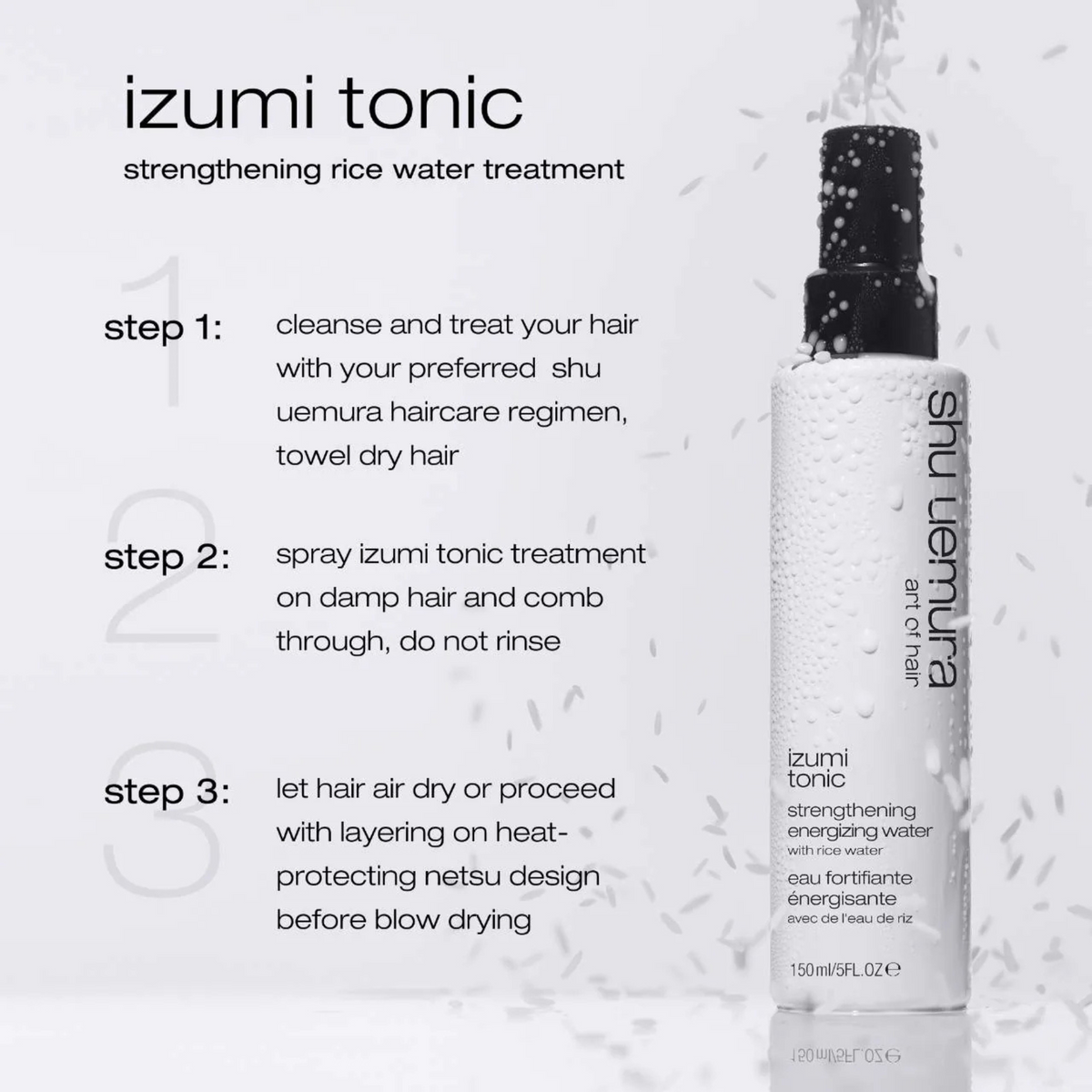 Shu Uemura izumi tonic strengthening rice water treatment bottle with usage instructions on a white background