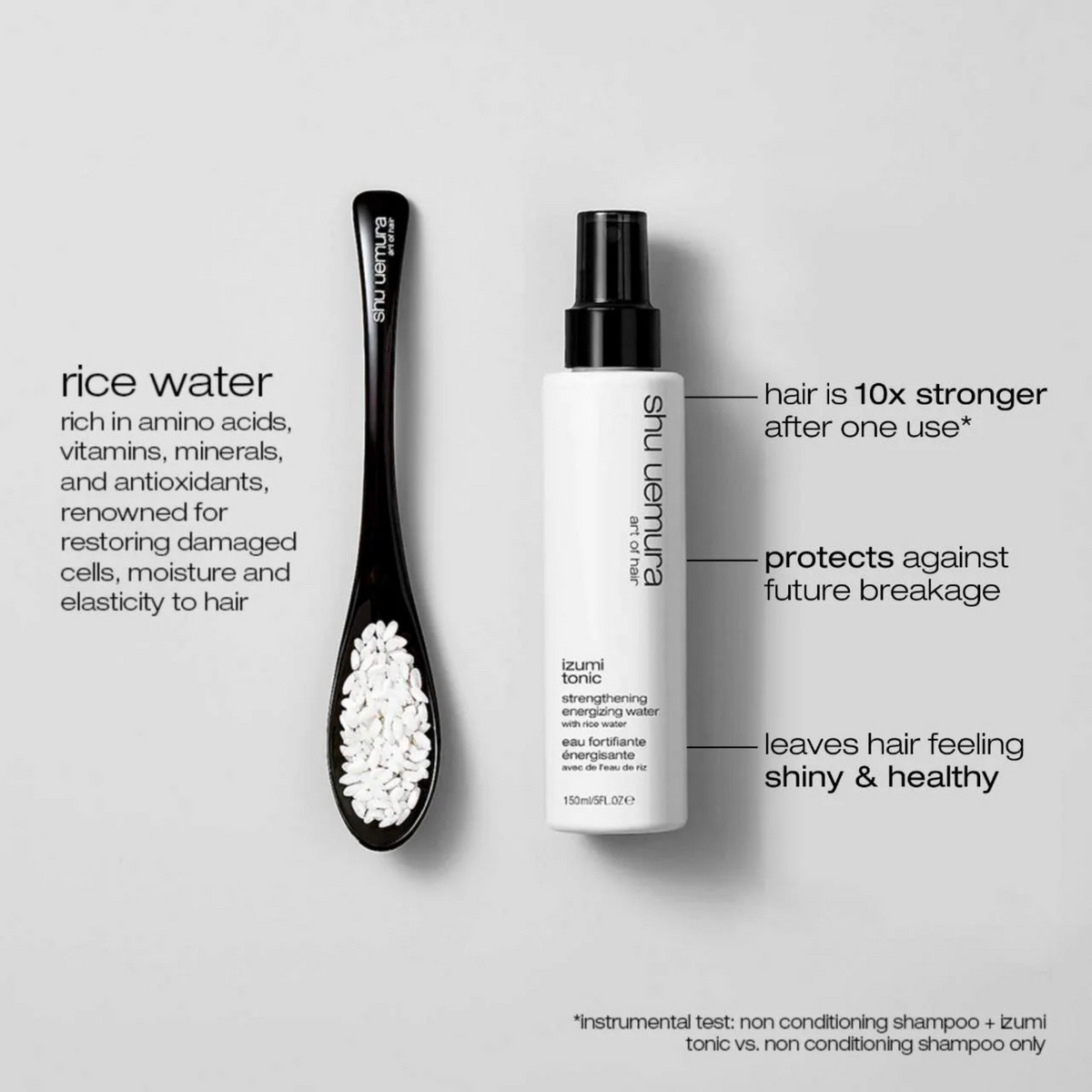 Shu Uemura rice water tonic bottle with spoonful of rice water on a light gray background