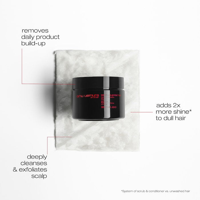 Hair care product jar with text highlighting its benefits on a white background