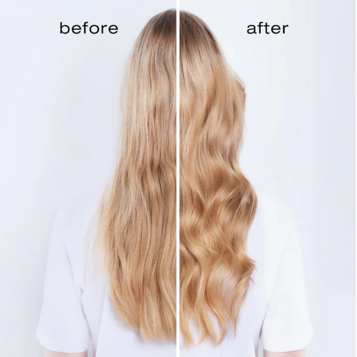 Before and after comparison of long blonde hair on a white background