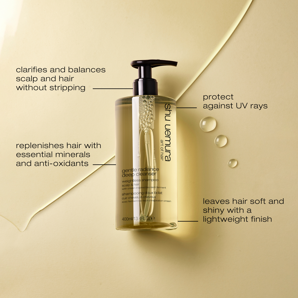 Euluen Nus hair care product with text highlighting its benefits on a beige background