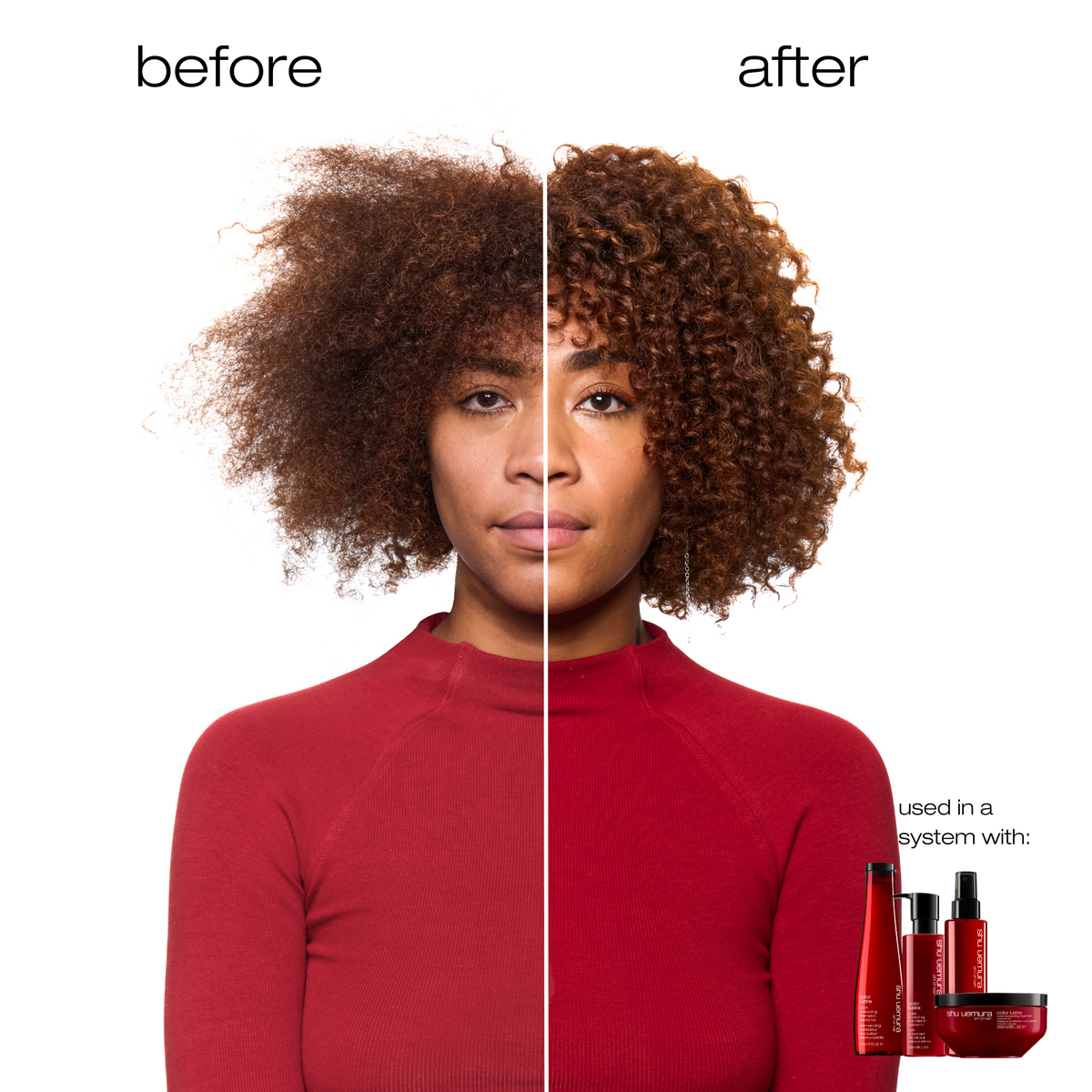 Before and after comparison of a person with curly hair, featuring hair care products on a white background.