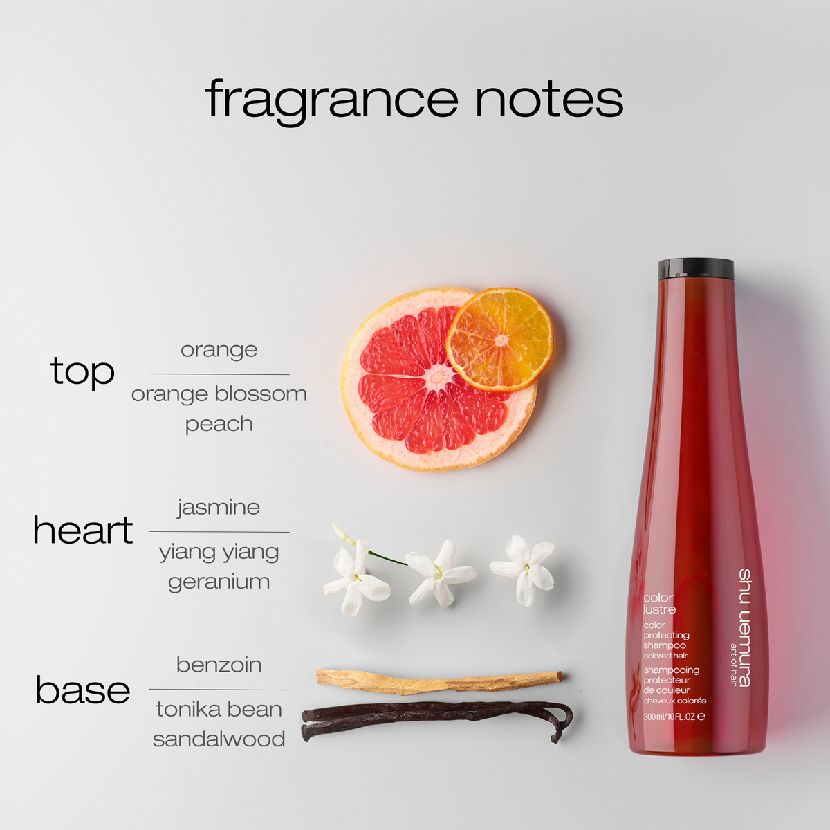 Shu Uemura hair care product with fragrance notes displayed on a light gray background
