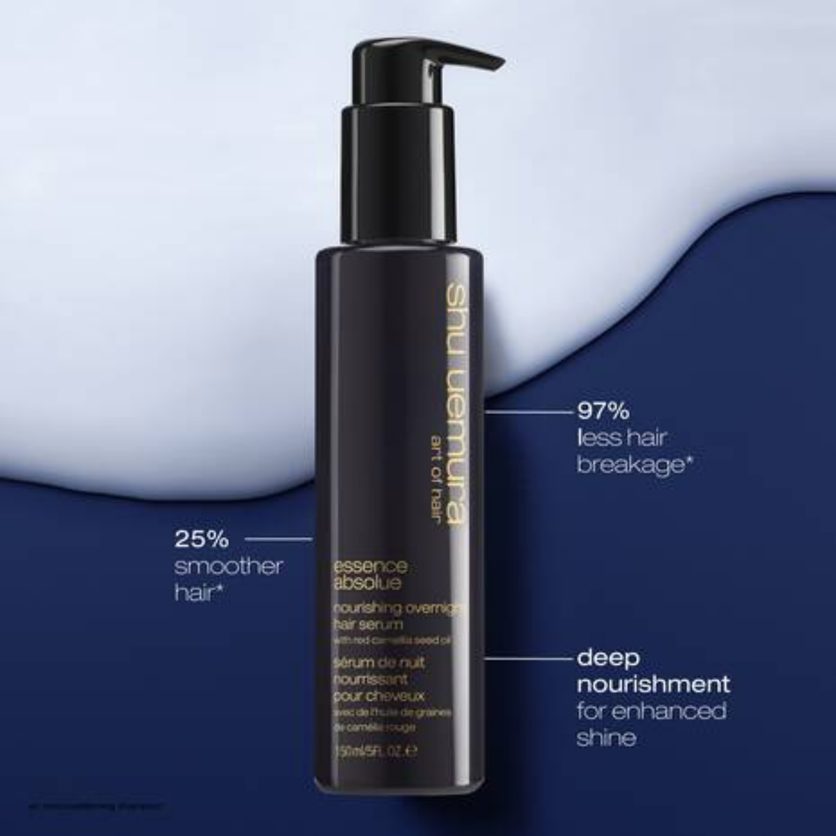 Shu Uemura hair serum bottle with text highlighting benefits on a blue and gray gradient background
