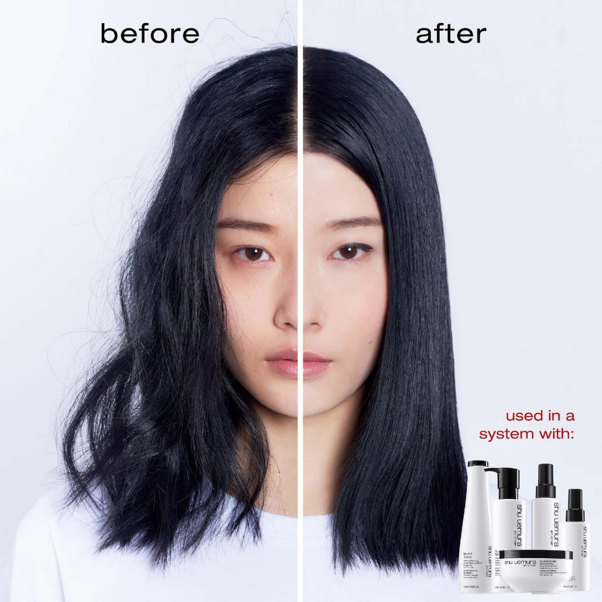 Before and after comparison of hair treatment with product bottles displayed.