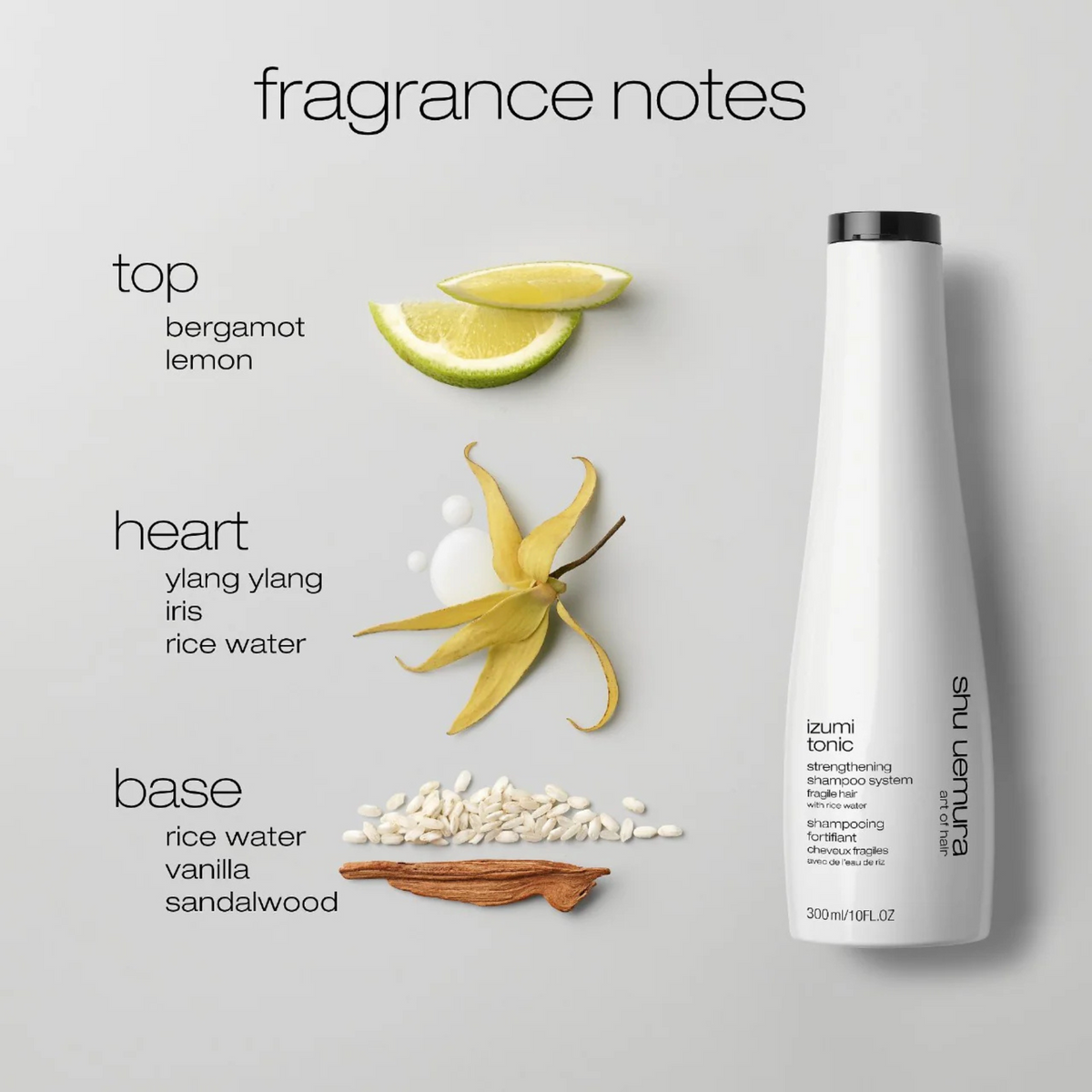 Shu Uemura Izumi bottle  with fragrance notes displayed on a gray background