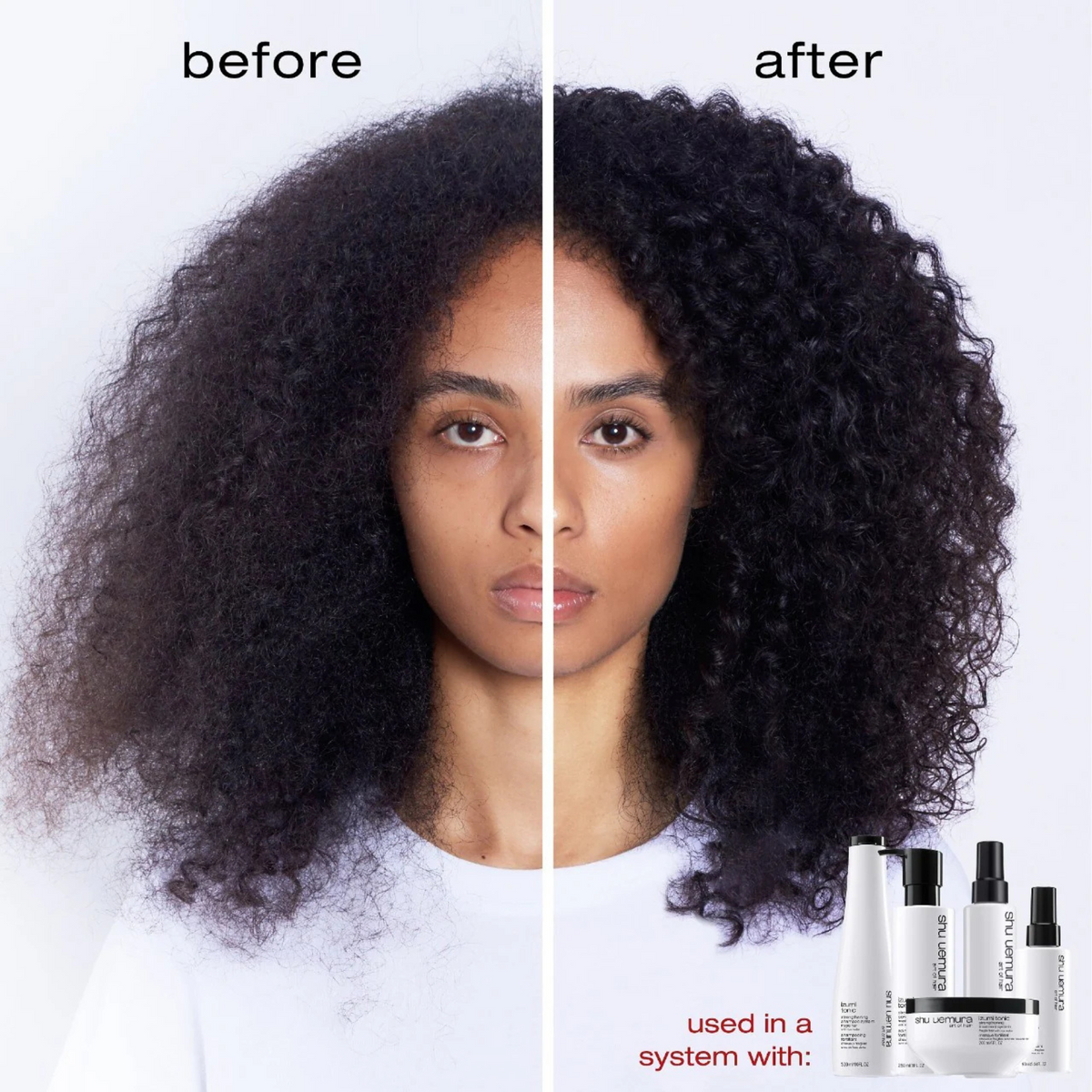 Before and after comparison of a woman's hair with styling products displayed below.