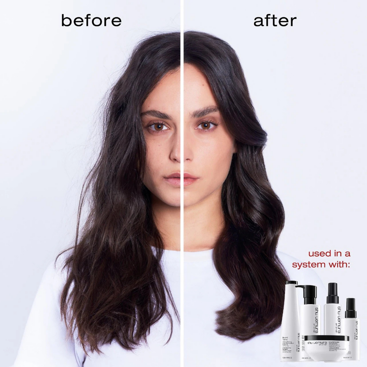 Before and after comparison of hair with a system used, featuring hair products on a white background.
