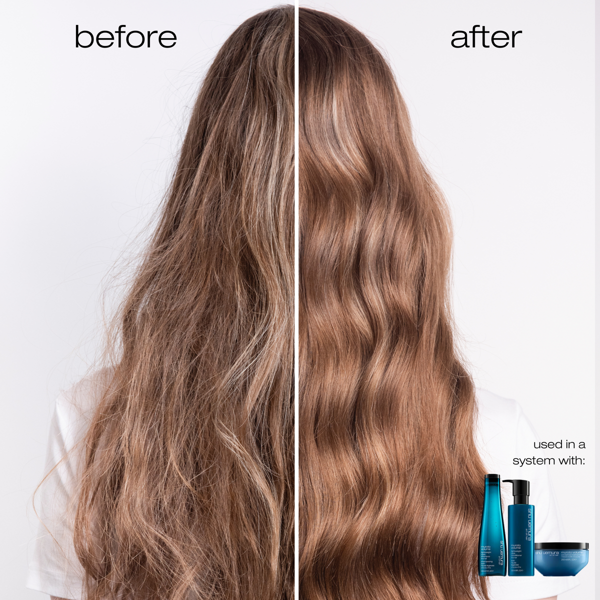 Before and after comparison of hair with product application on a white background