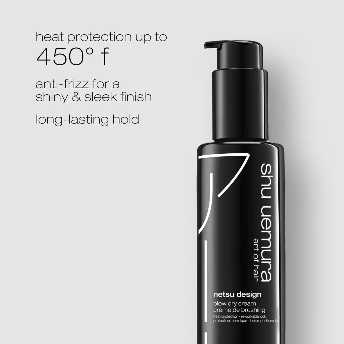 Shu Uemura Netsu Design Blow Dry Cream bottle in matte black with white text and line accents, shown on a light gray background with promotional text on the left.