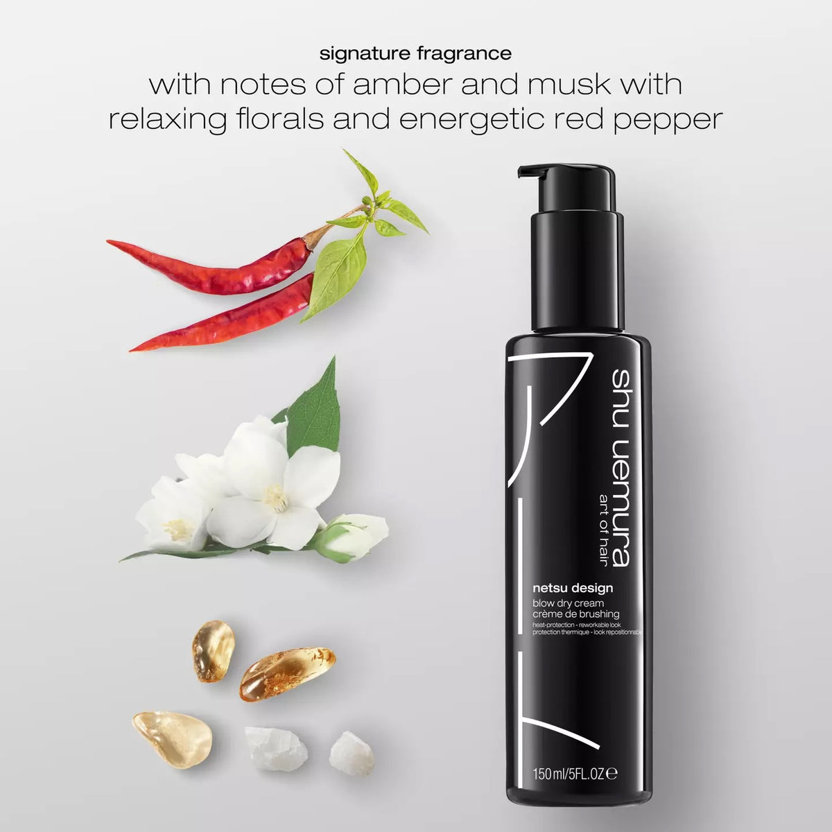 Shu Uemura bottle with flowers, chili peppers, and gold elements on a light gray background