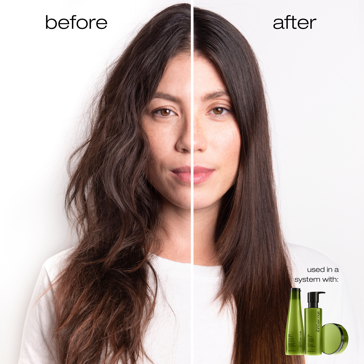 Model before and after using Shu Uemura Silk Bloom Restorative Shampoo on damaged hair