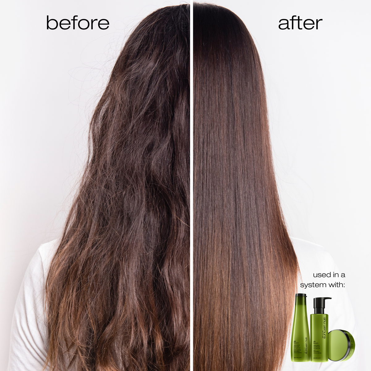 Before and after Shu Uemura Silk Bloom Restorative Shampoo, frizzy damaged hair to smooth, shiny lengths