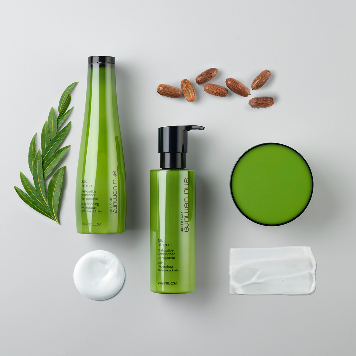 Shu Uemura Silk Bloom Restorative collection with product textures and argan