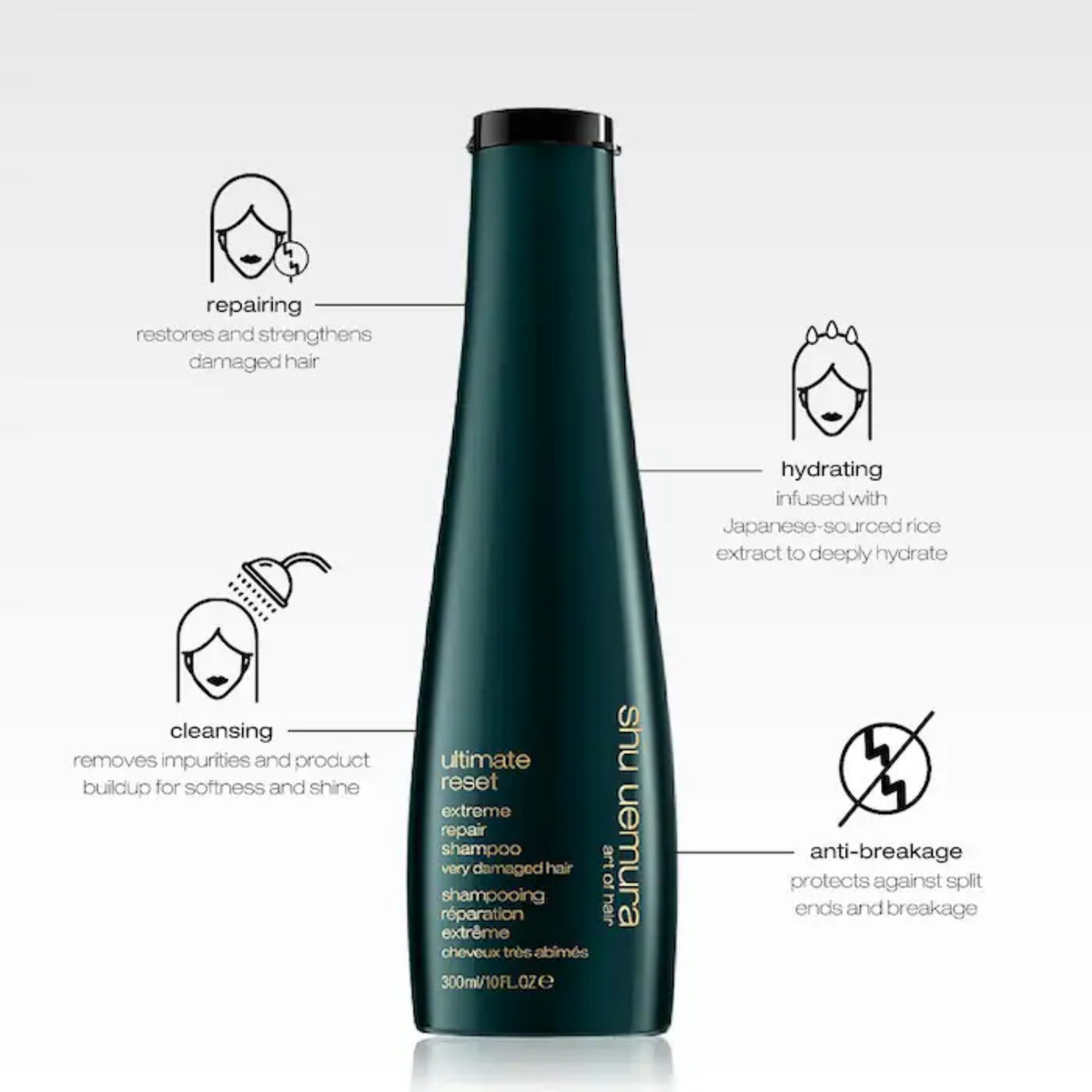 Shampoo bottle with text describing its features on a white background