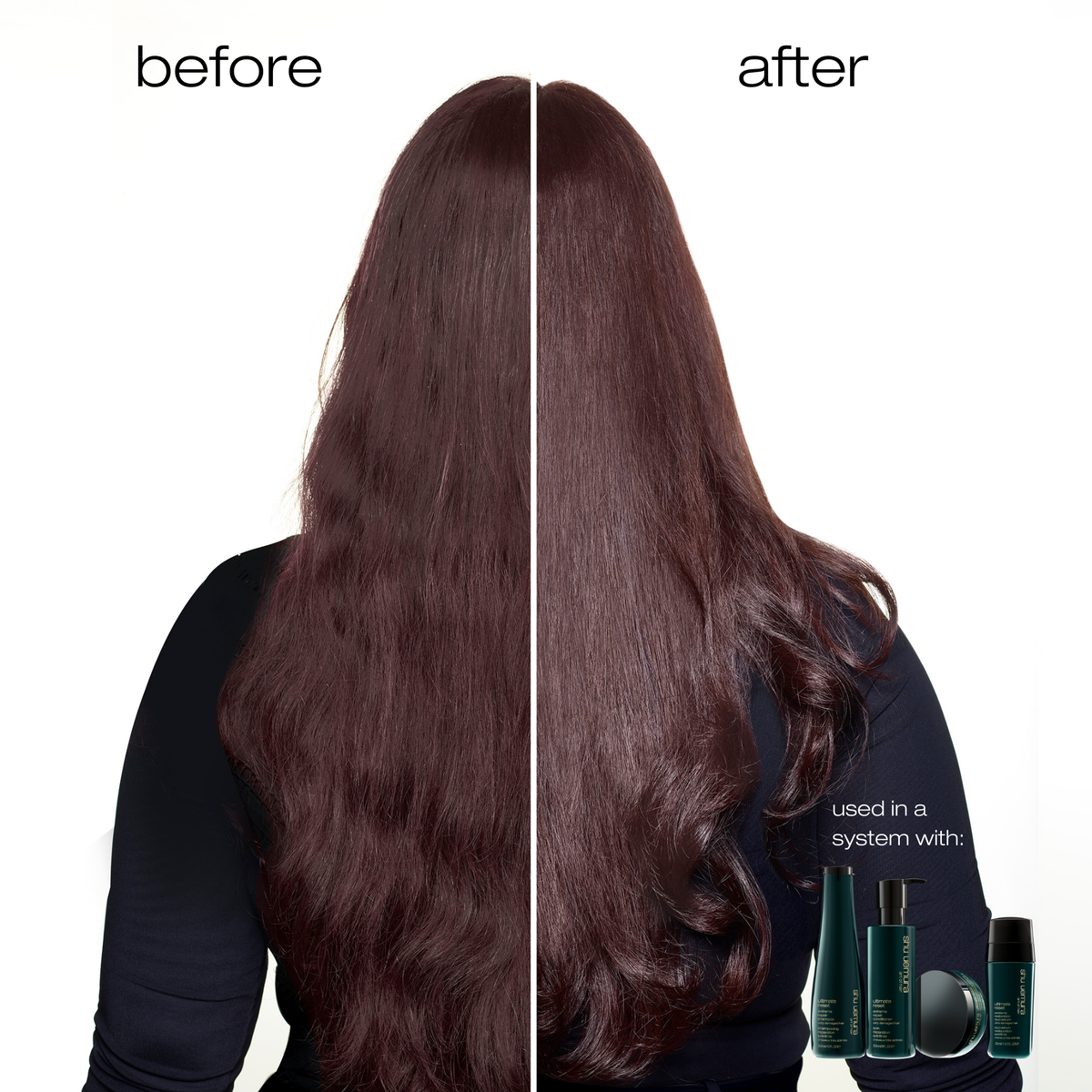 Before and after comparison of hair with a system used, featuring a person with long, straight hair on the left and styled hair on the right.