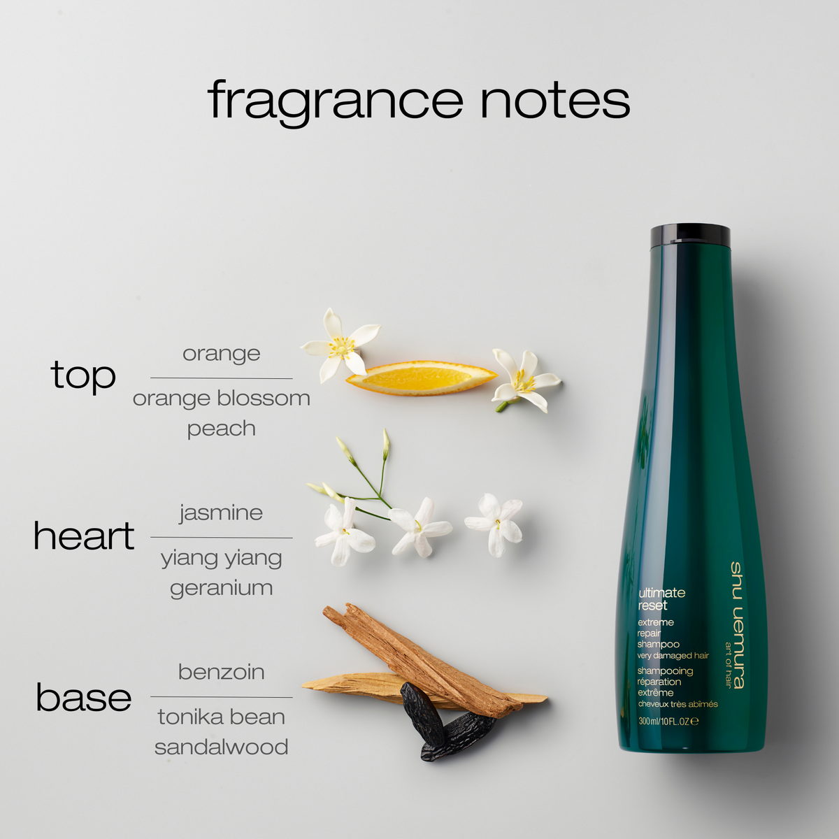 Shu Uemura hair product with fragrance notes on a light gray background