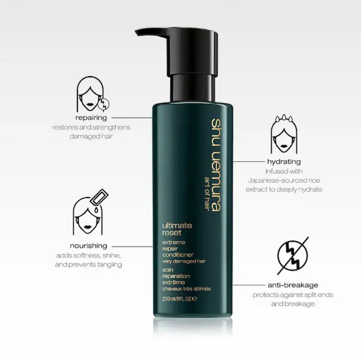 Shu Uemura hair care product with features listed on a white background