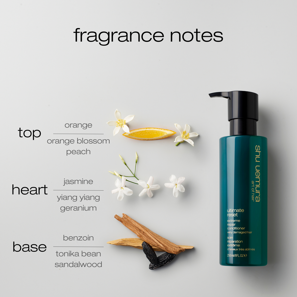 Shu Uemura Ultimate Reset Extreme 
bottle with fragrance notes on a light gray background