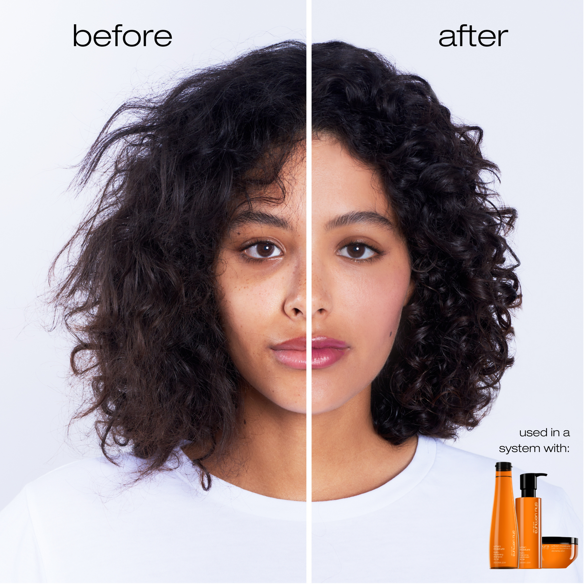 Before and after comparison of hair with Shu Uemura Urban Moisture collection