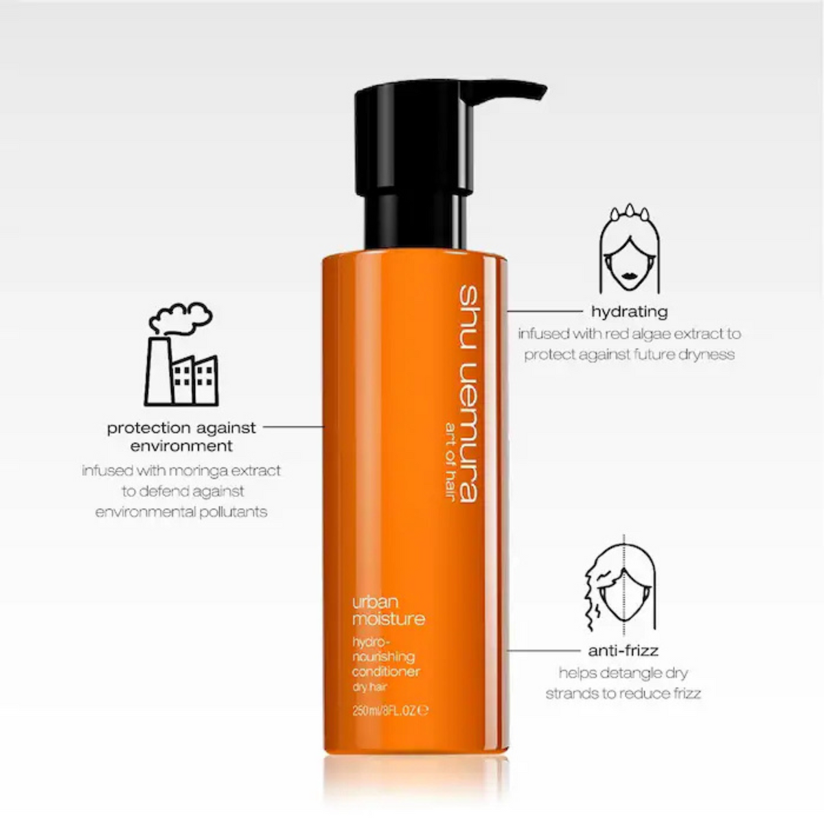 Shu Uemura conditioner bottle with features on a light gray background