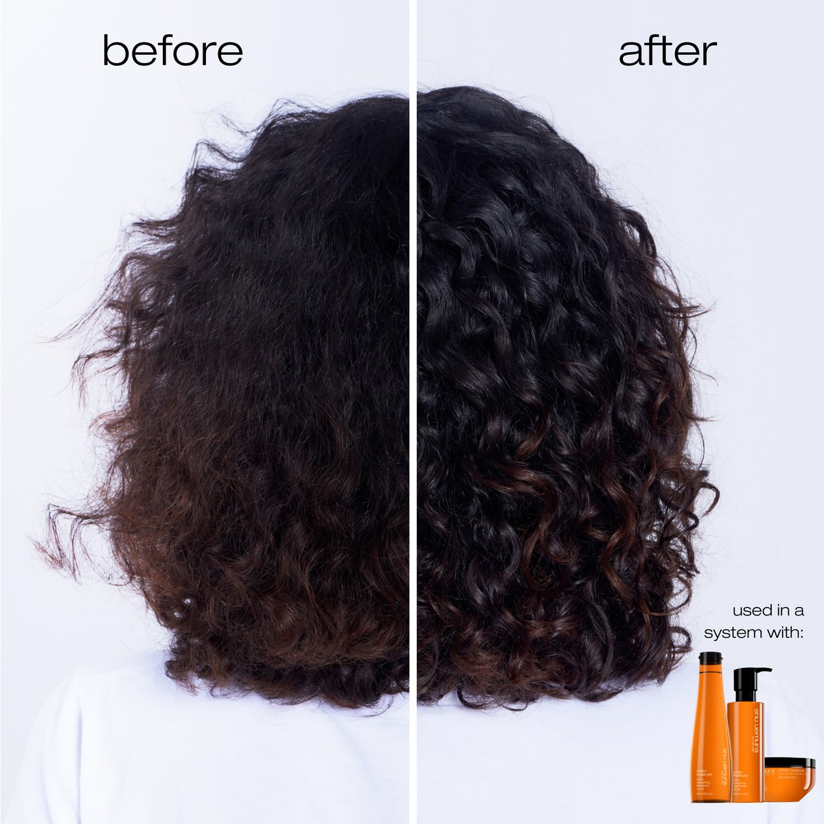 Before and after comparison of curly hair with Shu Uemura Urban Moisture 
