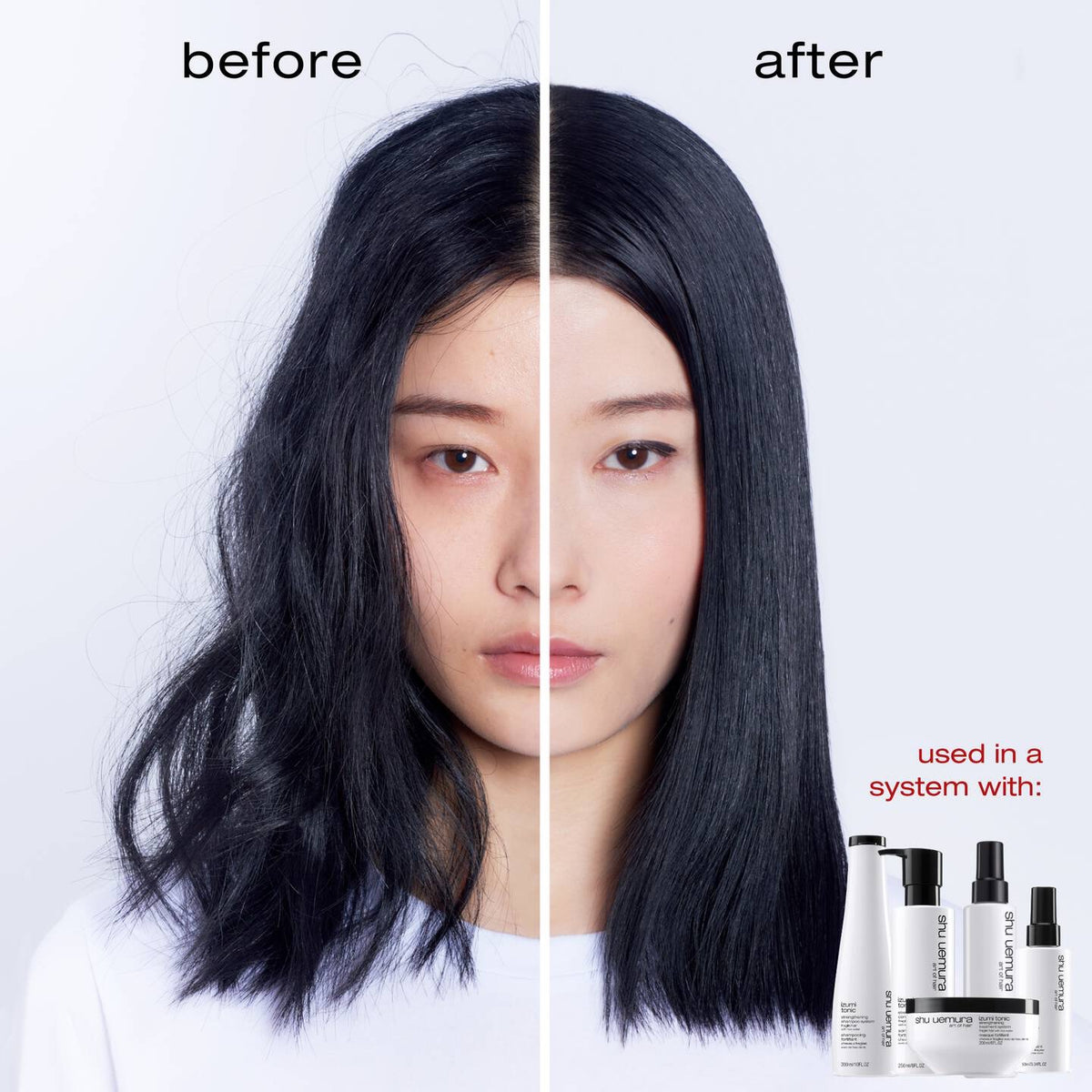 Before and after results of Shu Uemura Izumi Tonic Rice Water Hair Mask on fragile hair