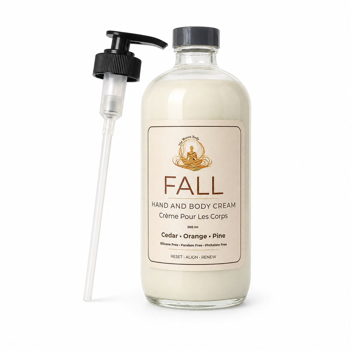The Woven Body FALL Body Lotion in Cedarwood, Orange & Pine — 250mL glass pump bottle, made in Calgary, Alberta"