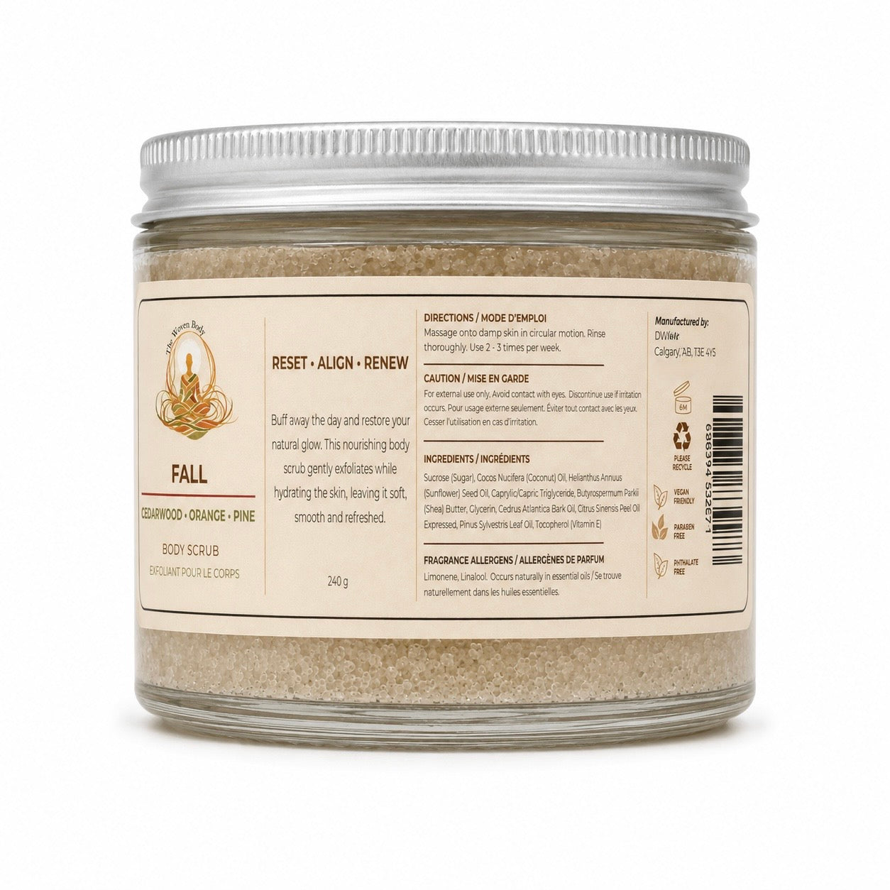 The Woven Body FALL Body Scrub in Cedarwood, Orange & Pine. CLEAN. made with Himalayan, Dead Sea & Epsom salts, Curious Salons 