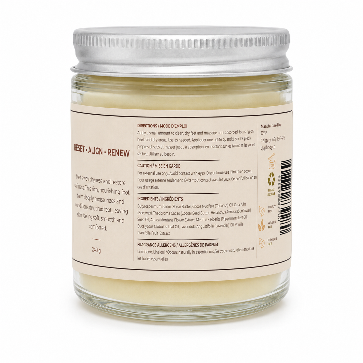 The Woven Body Peppermint Foot Scrub — 5 oz recyclable glass jar, made in Calgary, Alberta CLEAN product Curious Salons back of jar 