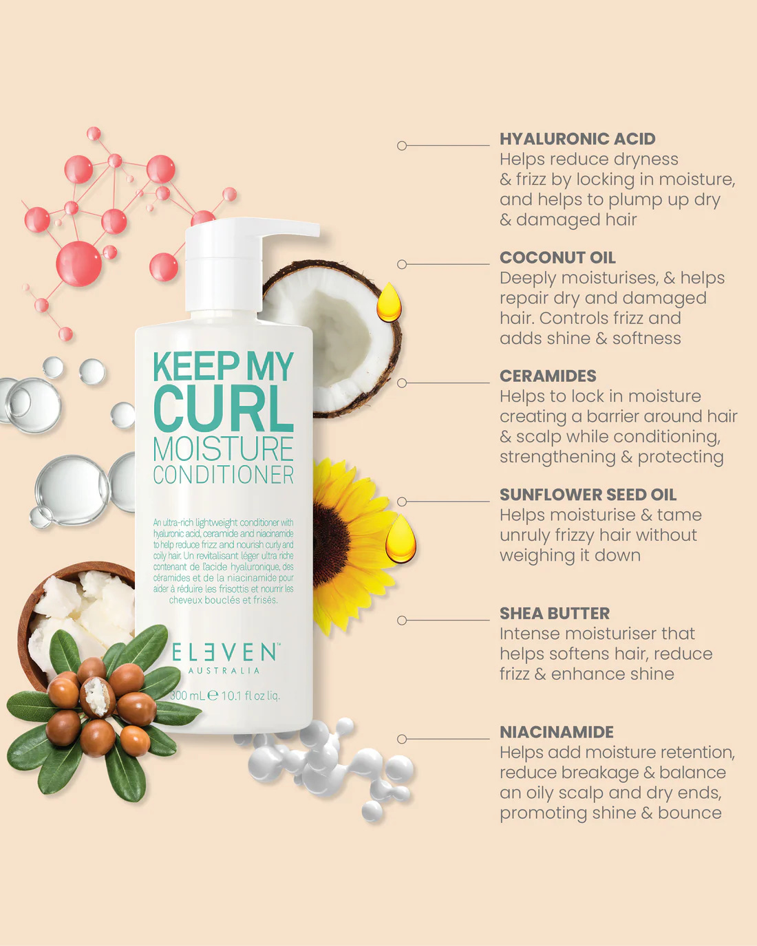 Conditioner bottle with ingredients listed ELEVEN Australia Keep My Curl Moisture Conditioner for curly frizzy hair in Canada