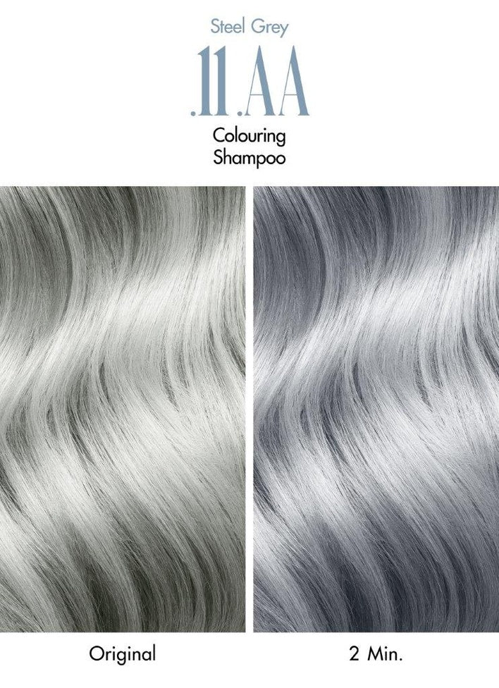 Comparison of hair color before and after using a '11.AA Colouring Shampoo' on 'Steel Grey' hair.