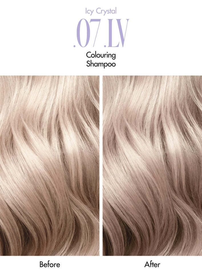 Comparison of hair color before and after using '07.LV' Colouring Shampoo, labeled 'Icy Crystal'.