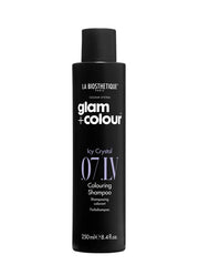 Black shampoo bottle with white text on a light gray background