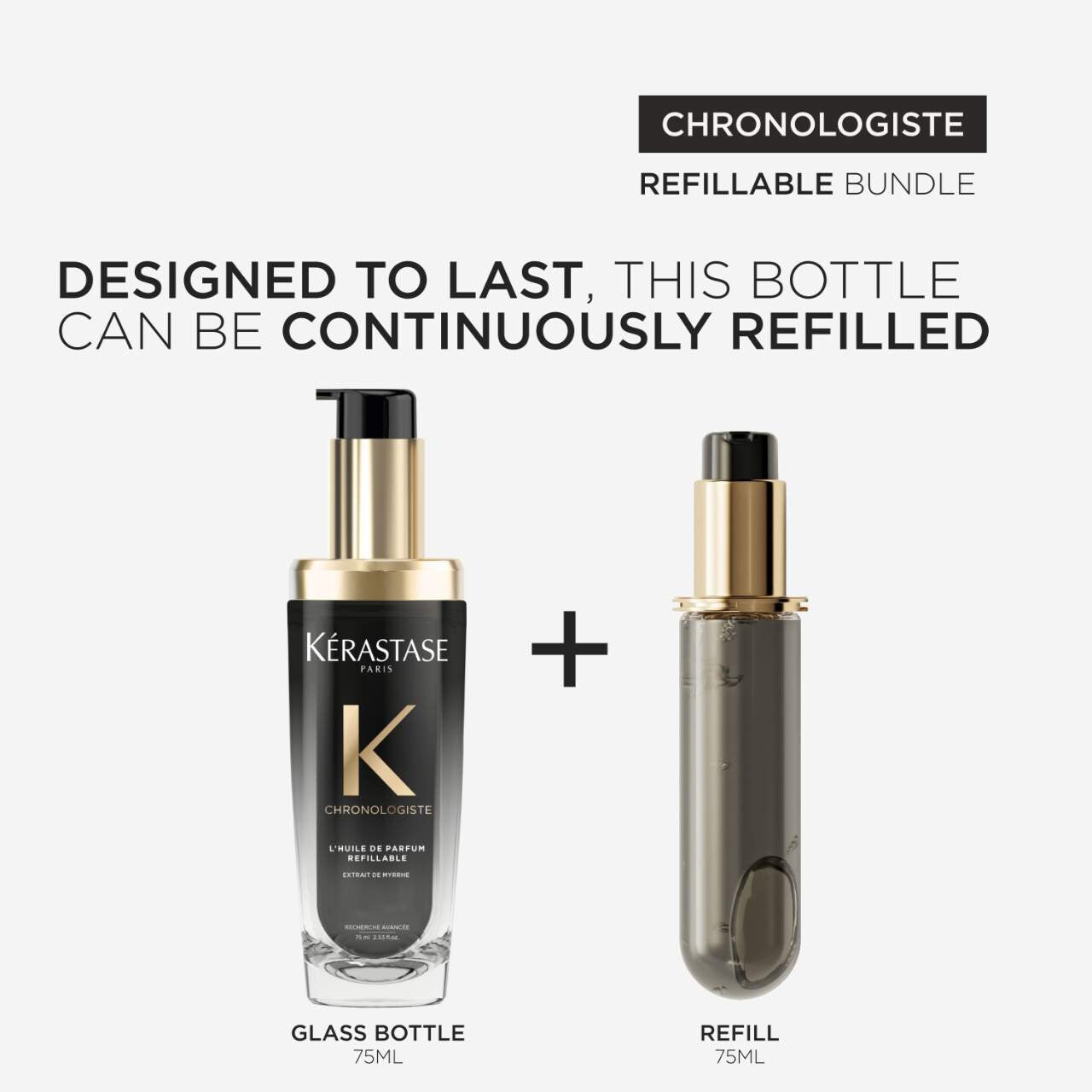 Kérastase Chronologiste refillable bundle with glass bottle and refill on a white background