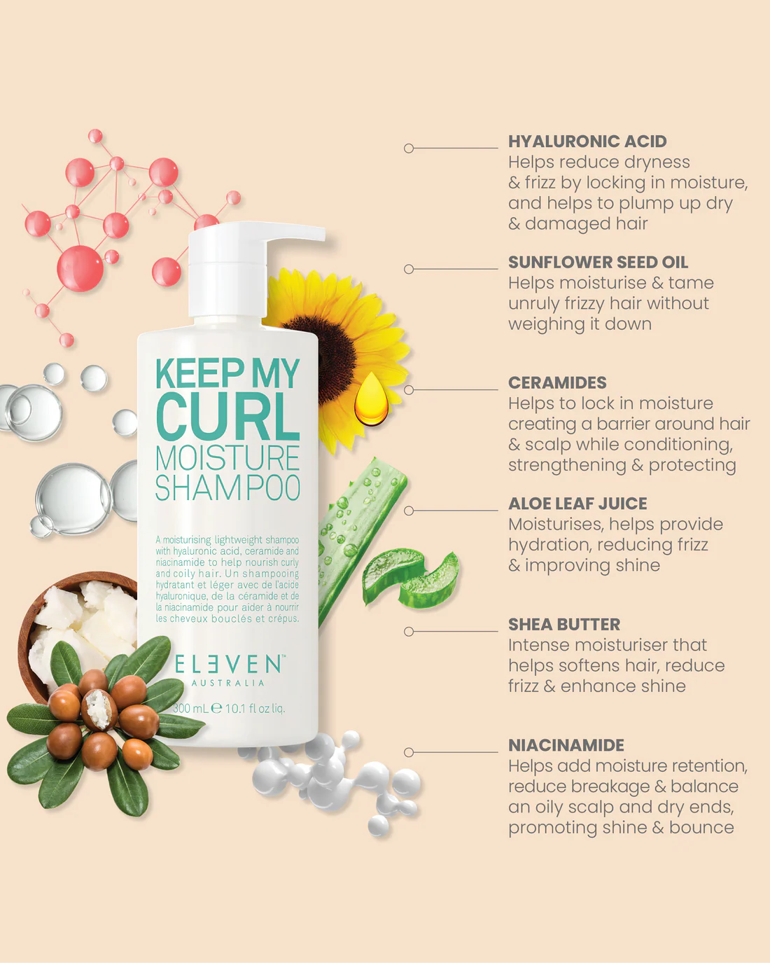 Shampoo bottle with product features on a ELEVEN Australia Keep My Curl Moisture Shampoo for curly frizzy hair in Canada