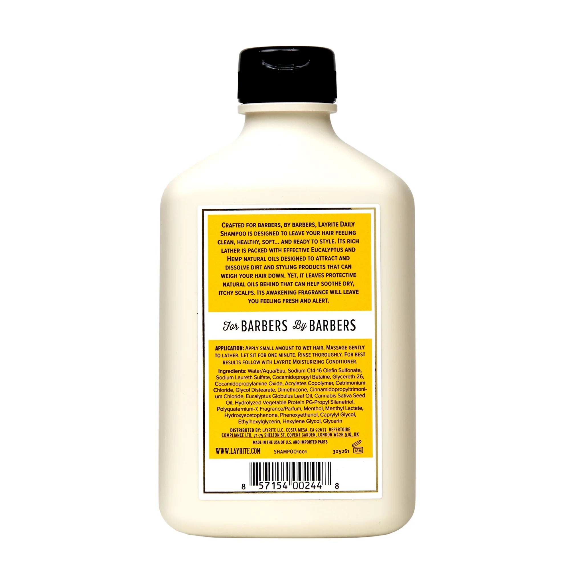 Layrite Daily Shampoo refreshing cleanser for healthy hair and scalp iback of bottle n Canada at Curious Salons 
